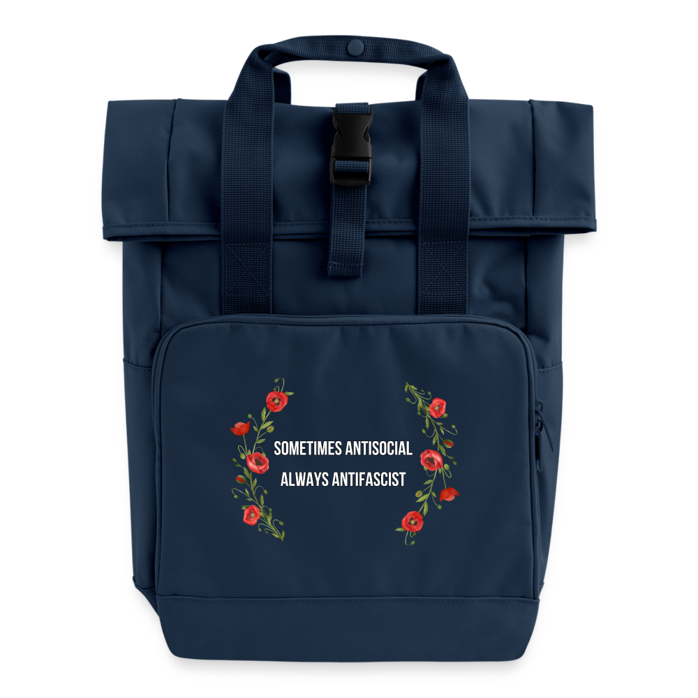 Sometimes Antisocial Always Antifascist - Rolltop Rucksack mit zwei Griffen - Navy