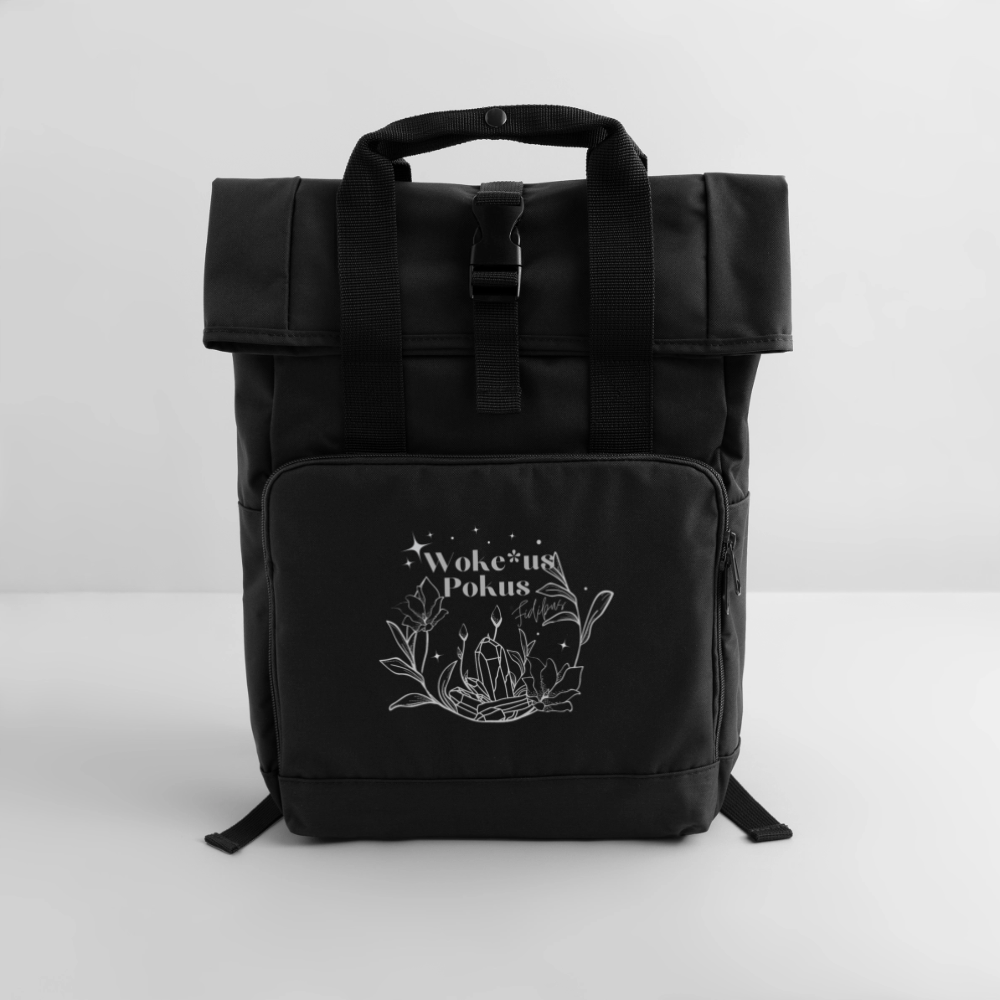 Woke*us Pokus (weiße Schrift) - Rolltop Rucksack mit zwei Griffen - Schwarz