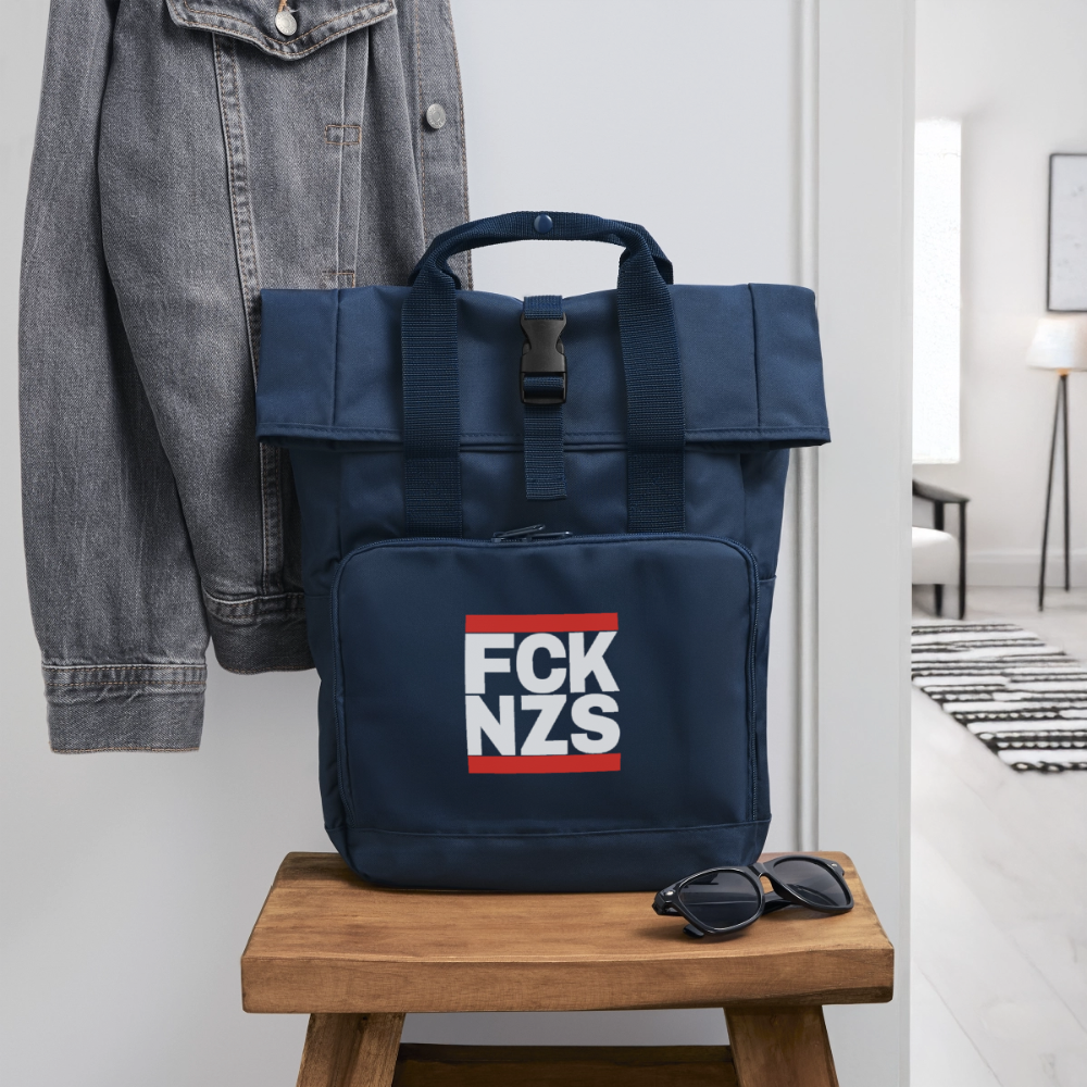 FCK NZS (schwarze Schrift) - Rolltop Rucksack mit zwei Griffen - Navy