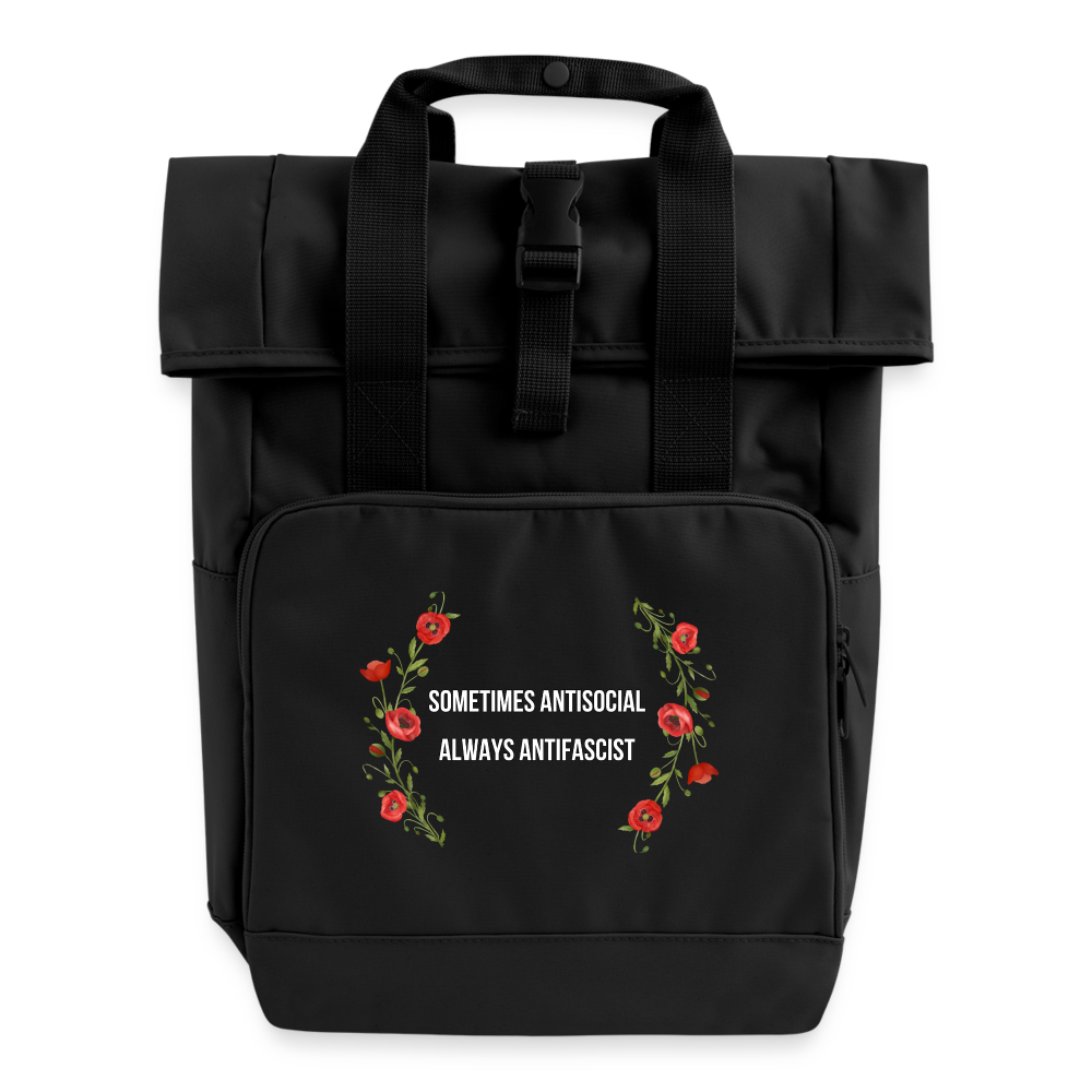 Sometimes Antisocial Always Antifascist - Rolltop Rucksack mit zwei Griffen - Schwarz